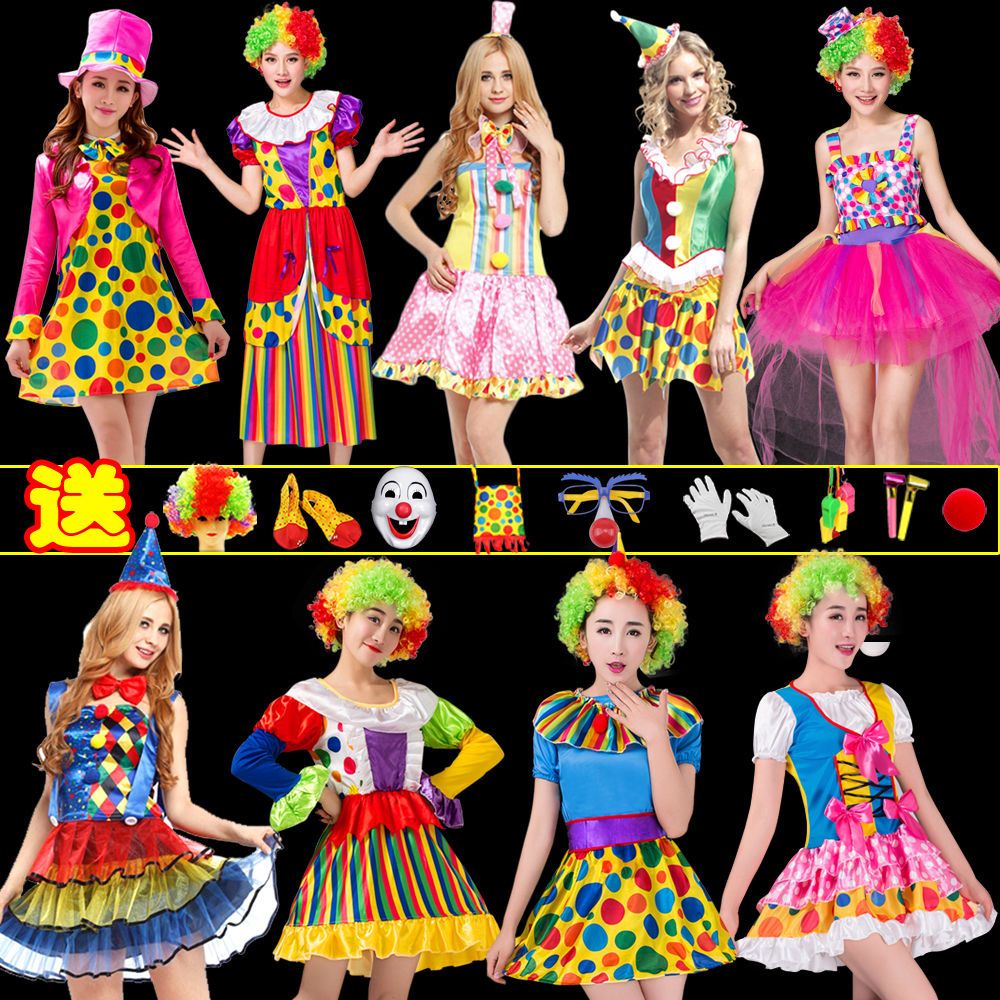 Vestido de palhaço feminino adulto vestido de baile de máscaras Trajes de Halloween roupas engraçadas Conjuntos de adereços de desempenho mágico