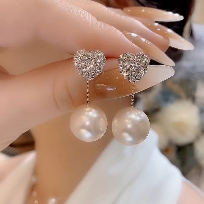Japão Coreia Do Sul Novo Estilo Pérola Strass Amor Coração Brincos Um Duas Costas Temperamento Elegantes