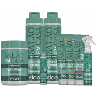 Eico Salão Em Casa Cachos Definidos Shampoo e Condicionador 800ml + Máscara Hidratação 1kg + Modelador + Spray Leave-in