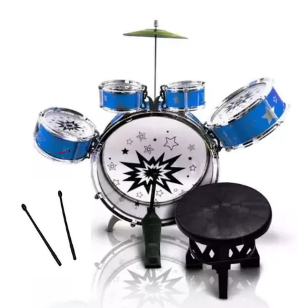 Mini Bateria Musical Infantil Azul Com Banquinho Importway C/ Baquetas Para Crianças