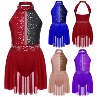 Vestido De Dança Lírica Sem Mangas Para Meninas Com Estilo Colarinho Redondo Brilhante Rhinestone Decorado Costas