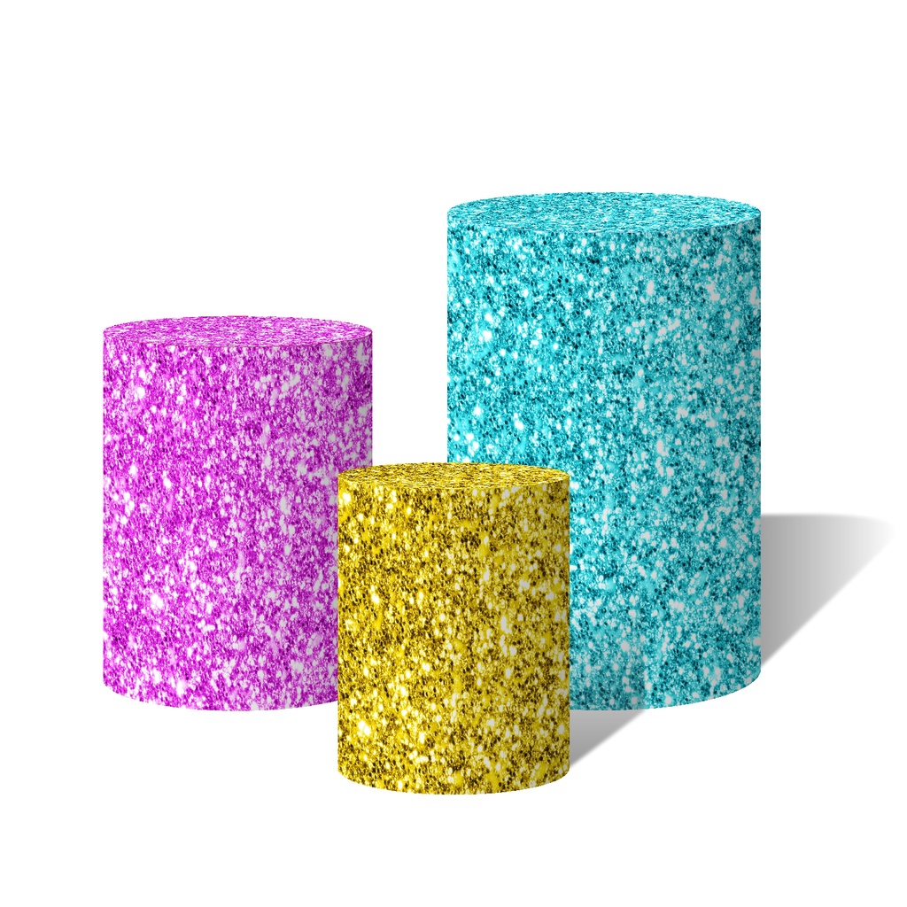 Trio de Capas Cilíndricas  Festa Brilhante, Tema Glitter Rosa Amarelo Azul Turquesa C/ Elástico