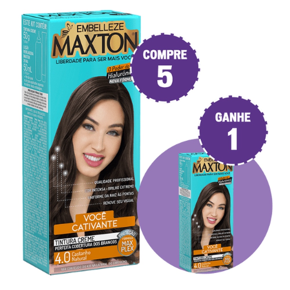 KIT COMPRE 5 TINTA DE CABELO MAXTON MORENA +CATIVANTE CASTANHO 4.0 E GANHE 1