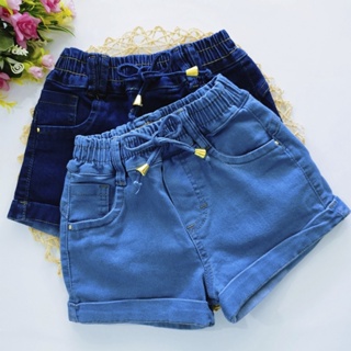 Shorts Jeans Elástico Feminino Infantil Bolsos Verão Lycra em Oferta na Shopee