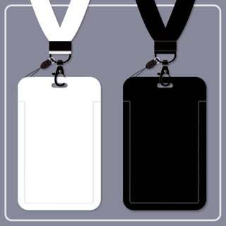 Ins Solid Color card holder with Long Lanyard for Student Car Meal ID Case School Protective Cover White and Black Hard Shell women men em Oferta na Shopee