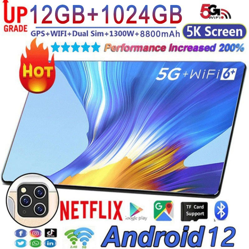 2023 Mais Novo Tablet WiFi PC Dez Core 5G 4G Network Android 12.0 RAM 12GB + 1024GB Cartão SIM Duplo Câmera Dupla Traseira 32.0 MP IPS Tela Buletooth Telefone Chamada 9.1 Polegadas