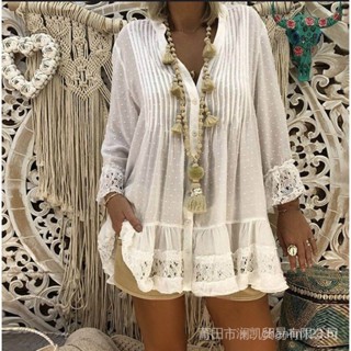 5xl Plus Size Blusa De Renda Branca 2021 Mulheres Verão V Neck Manga Comprida Chiffon Blusa Camisa Tamanhos Grandes Soltas Senhoras Túnica