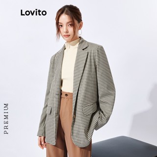 (Lovito Premium) Blazer Feminino Casual em Xadrez com Bolso Lapela Estilo Coreano Retrô L32FW110 (Caqui)