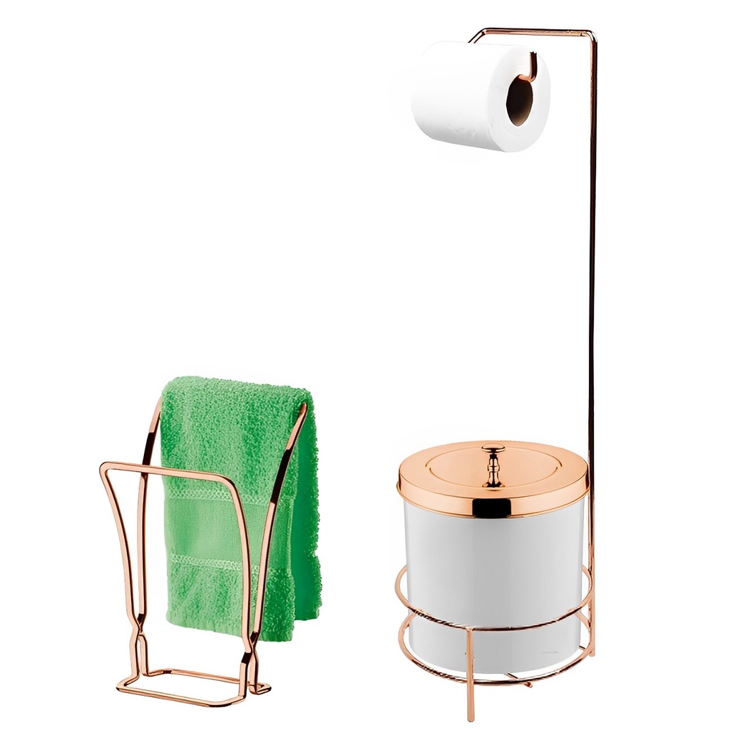 Kit Suporte Porta Papel Higiênico Lixeira 5L Tampa Cesto Lixo Toalheiro Duplo Banheiro Branco Rose Gold - Future
