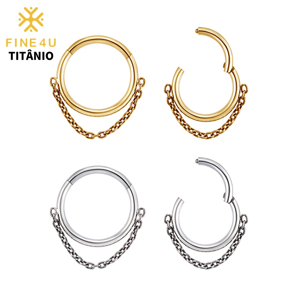FINE4U Piercing Nariz Argola Com Corrente Titânio 8-12mm Para Septo Conch Helix Cartilagem