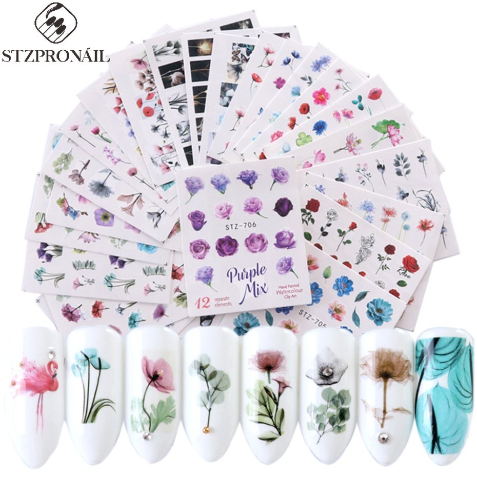 24PCS Flor Conjunto De Adesivos De Água De Unha Colorido Flamingo Beauty Slider Bloomson Folha Padrão 3D Manicure Decalque Arte De Unhas Decoração em Oferta na Shopee