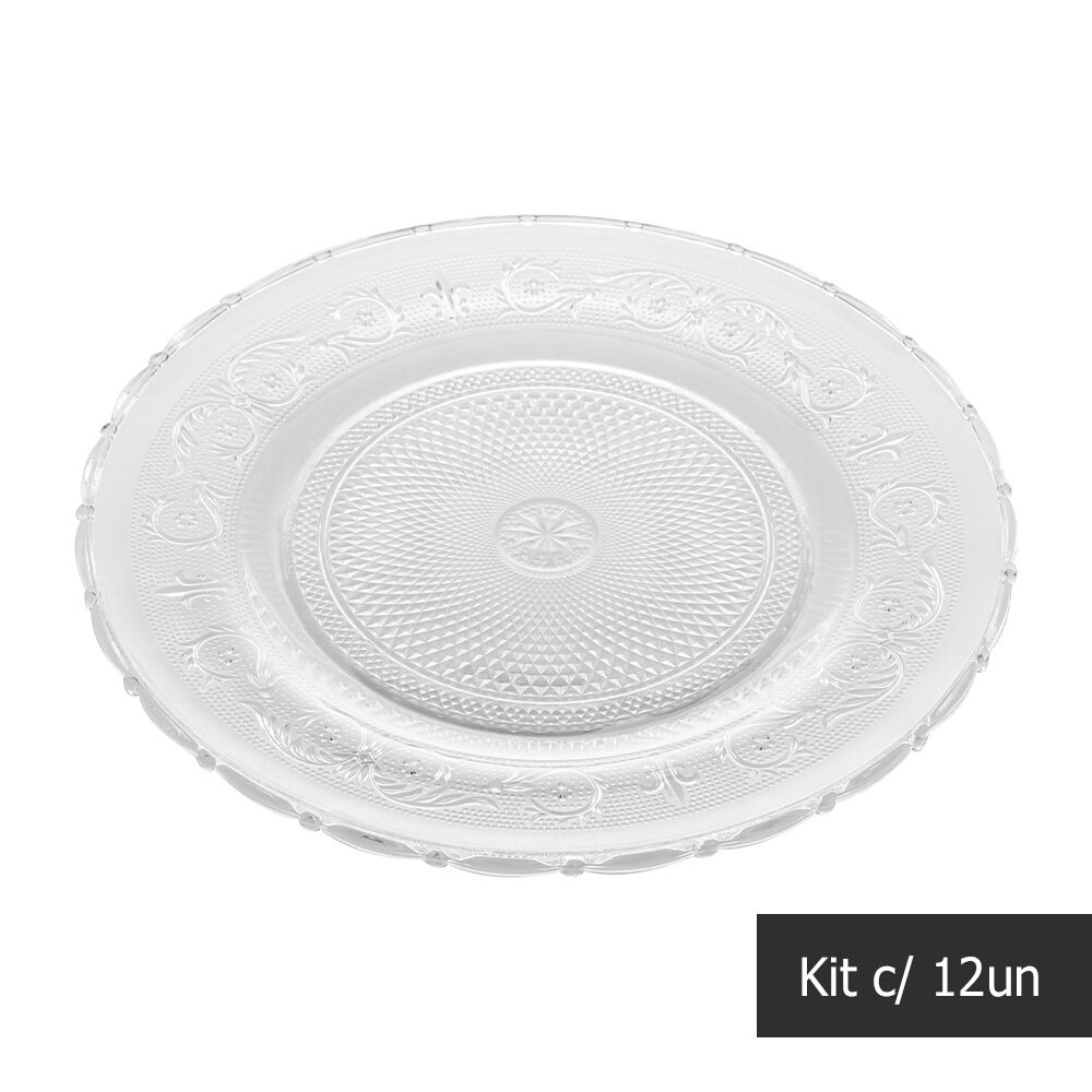 Jogo 12 Pratos Sobremesa 18cm Angel Vidro Transparente Lyor