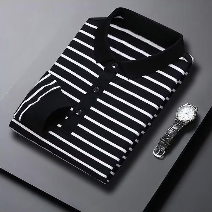Camisa Polo Casual De Manga Longa Listrada Para Jovens E De Meia Idade