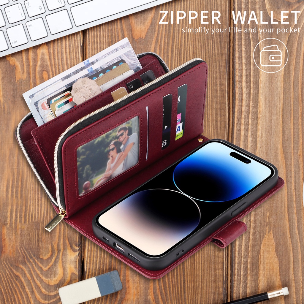 Capa Carteira Com Zíper Para Xiaomi POCO M6 Pro 4G X5 X6 5G Redmi Note 13 + 12 P