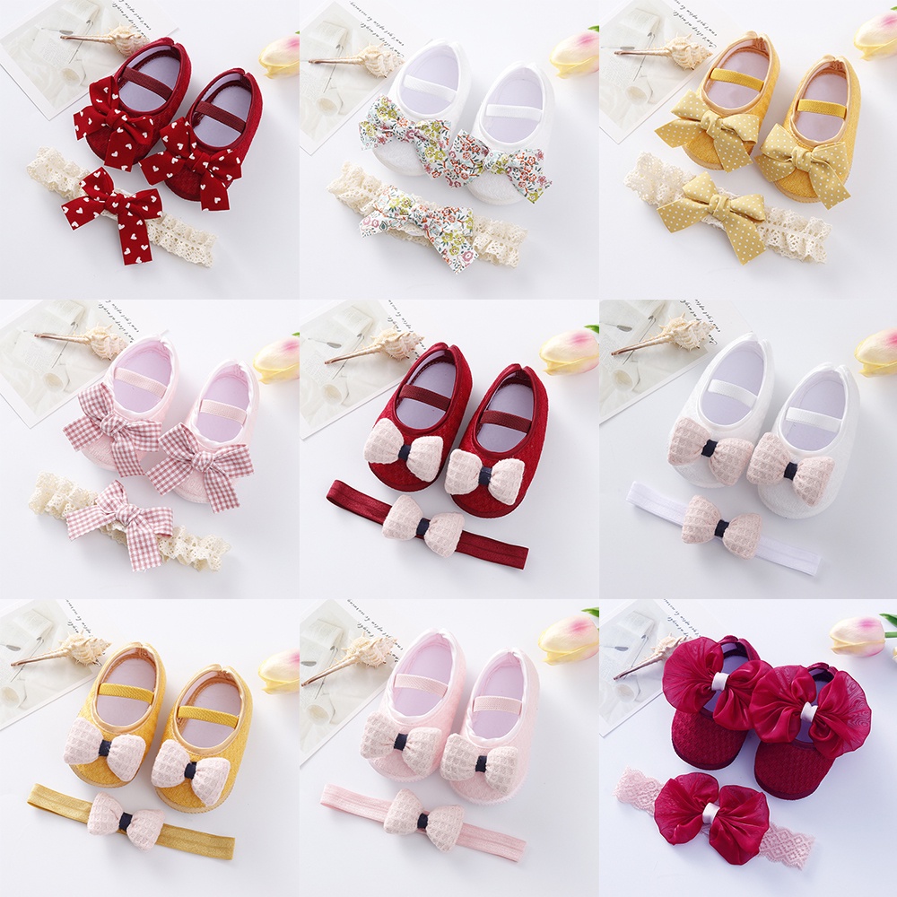 Conjunto de 2 peças, sapatos de laço de princesa antiderrapantes com sola macia para recém-nascidos,sapatos+faixa cabeça