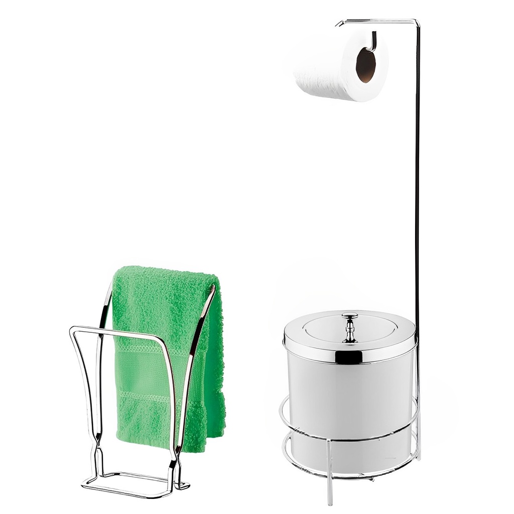 Kit Suporte Porta Papel Higiênico Lixeira 5L Tampa Cesto Lixo Toalheiro Duplo Banheiro Branco Cromado - Future