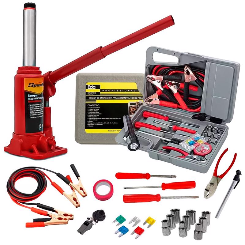 Kit Jogo Ferramentas De Emergência Automotivo Maleta Acessórios + Macaco Hidráulico Carro Moto em Oferta na Shopee