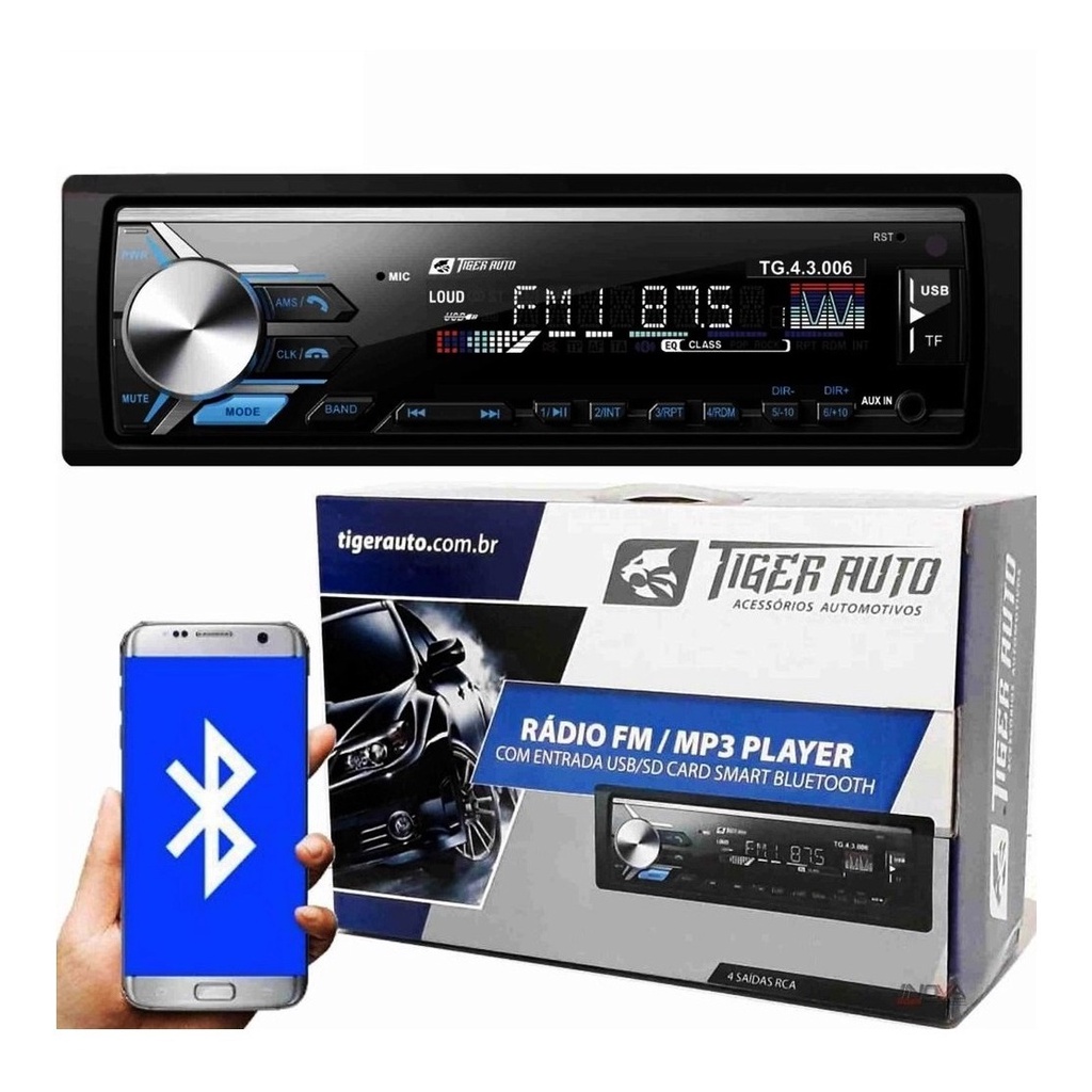 Rádio MP3 Player Tiger Auto Bluetooth/USB/SD/Aux/FM - 4 x 45w em Oferta na Shopee