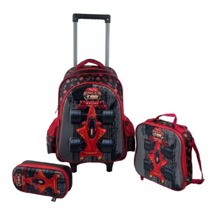 Kit Mochila Rodinha Lancheira Estojo Infantil Carro Formula1