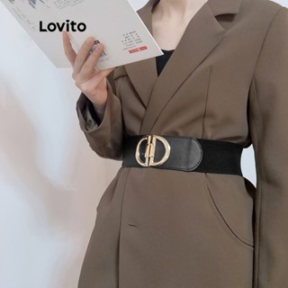 Lovito Casual Cinto De Metal Com Fivela Elástica Pu Costura Cinto Para Mulheres L46ED008 (Caqui/Castanho/Preto)