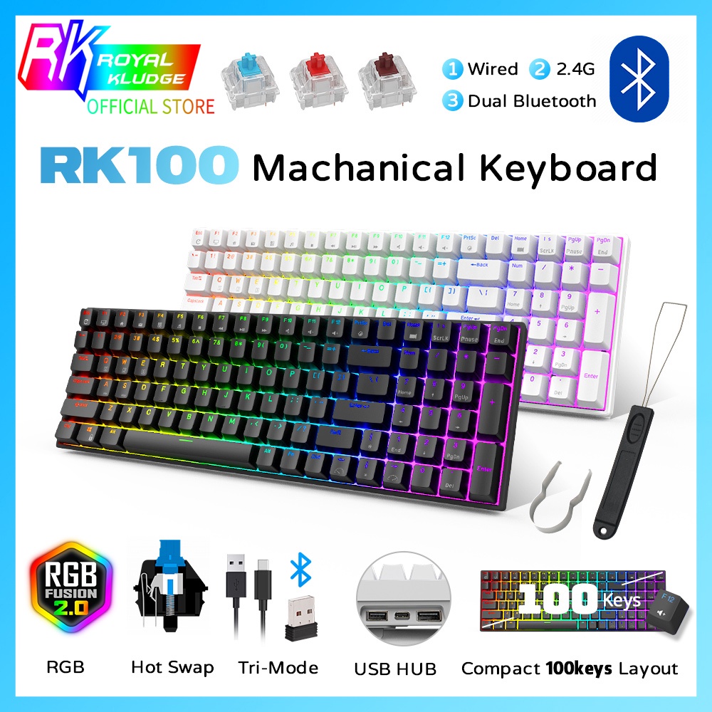 original Royal Kludge Official RK100/RK860 2.4G Sem Fio/Bluetooth Com Teclado Mecânico RGB , 100 Teclas 3 Modos Dobrável A Quente