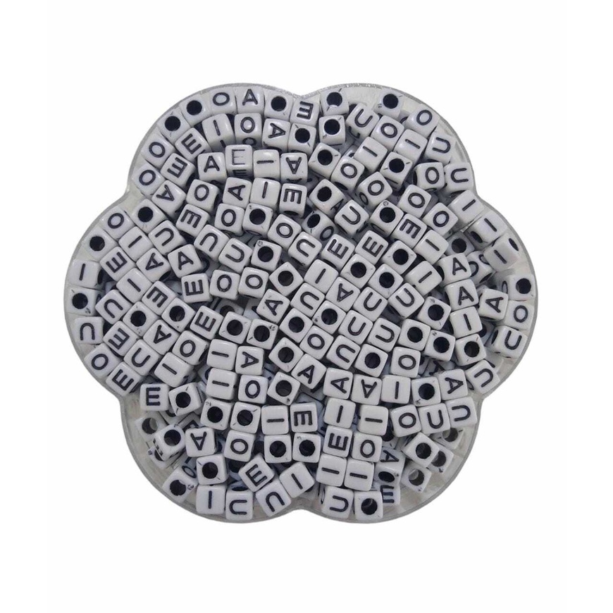 Miçanga Cubo Vogais - Branco c/ Preto - 6x6mm - 50g