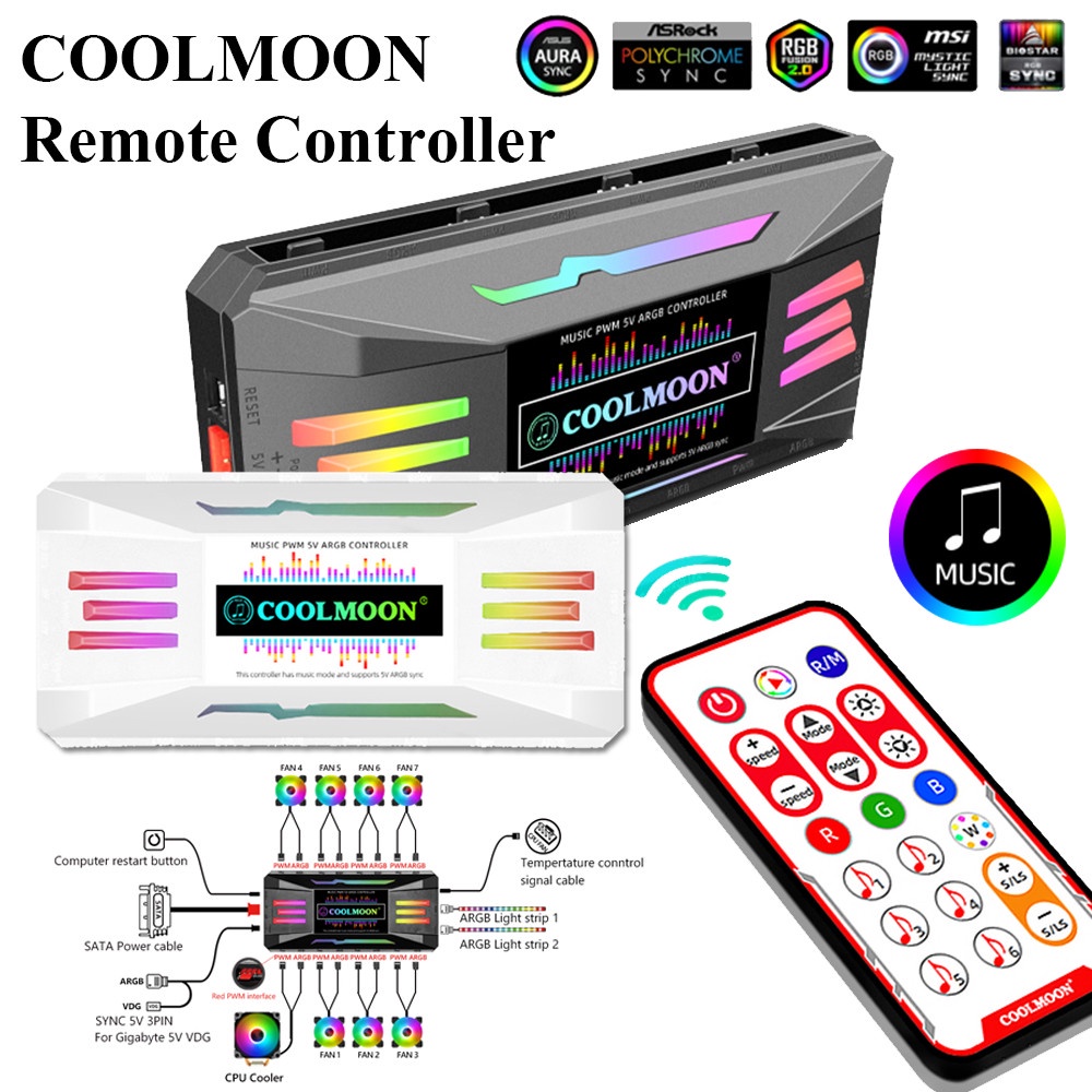 COOLMOON RGB controlador para o caso do pc 4pin pwm 5v 3pin argb ventilador de refrigeração inteligente controle remoto música ritmo versão