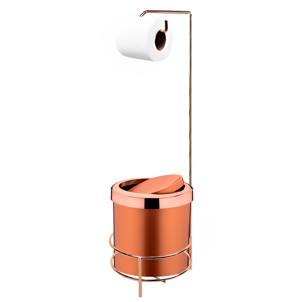 Kit Suporte Porta Papel Higiênico Com Lixeira 5L Cesto Lixo Tampa Basculante Banheiro Rose Gold - Future