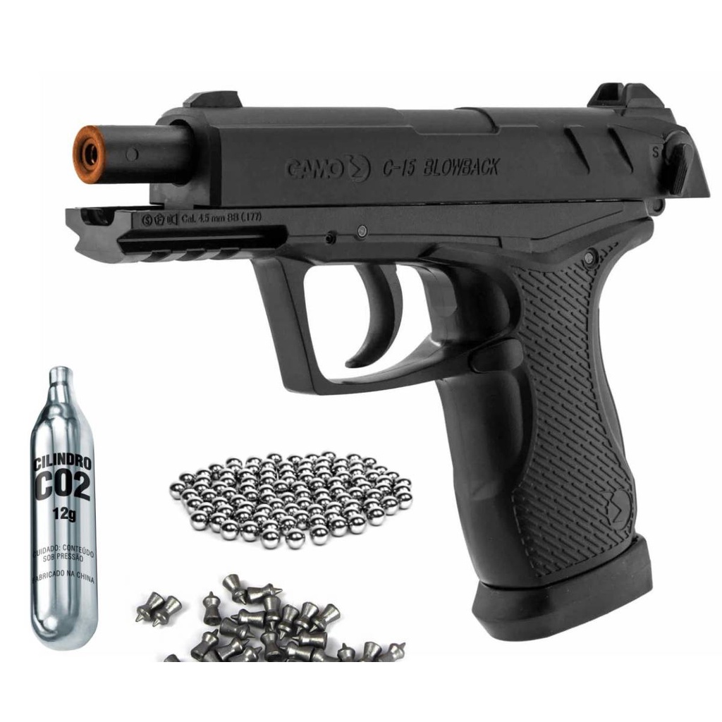 Pistola de Pressão Co2 Blowback Slide Metal Semiautomática Atira Chumbinho e Esferas Aço Cal. 4.5mm Gamo C-15