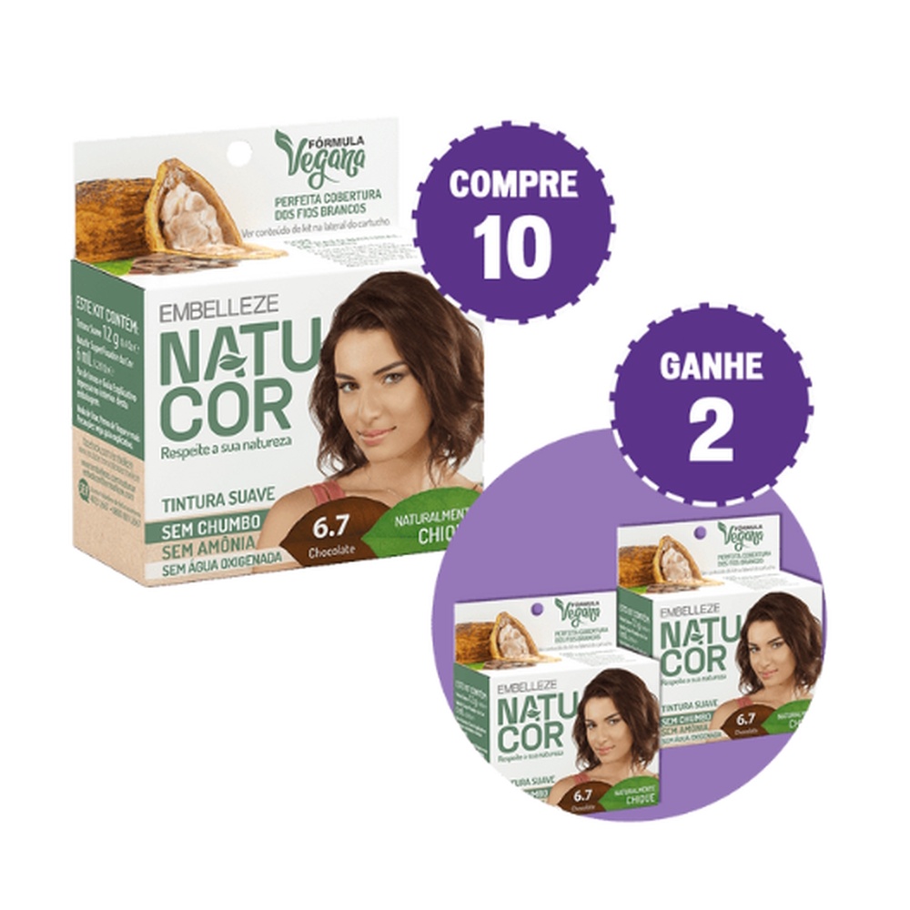 KIT COMPRE 10 TINTA DE CABELO NATUCOR NATURALMENTE CHIQUE CHOCOLATE 6.7 E GANHE 2