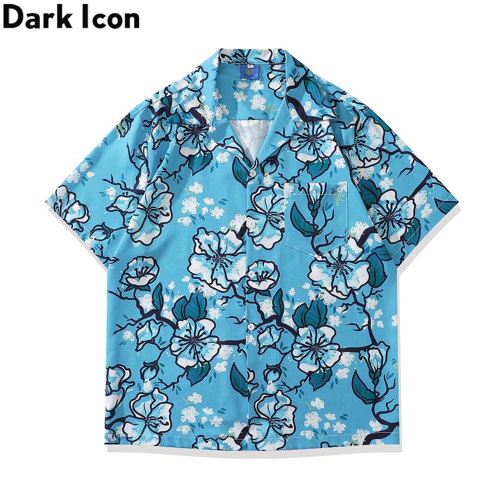 Ícone Escuro Camisa Havaiana Estampada Floral Homens Mulheres Verão Material Fino Camisas De Praia Masculinas Top