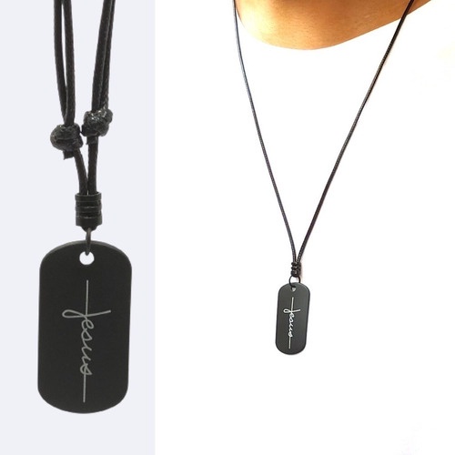 Colar Masculino Preto Pingente Fosco Cristão Queima Estoque