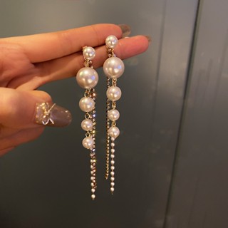 Long Tassel Pearl Earrings Luxury Crystal Dangle Earings for Women Gilr New Jewelry