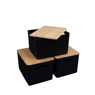 Kit caixa organizadora canelada tampa bambu 23l preta Oikos
