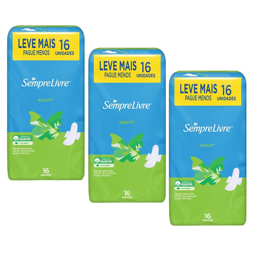 Kit com 3 Absorventes Externo Sempre Livre Adapt Cobertura Suave com Abas 16 Unidades em Oferta na Shopee