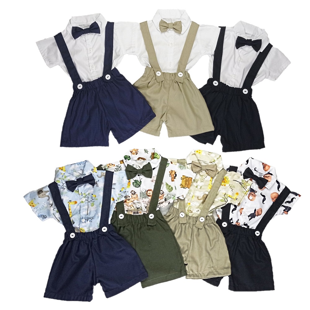 Conjunto Infantil Menino Mauricinho Camisa Social Com Gravata Mais Shorts Jardineira Temático de 01 a o3 Anos