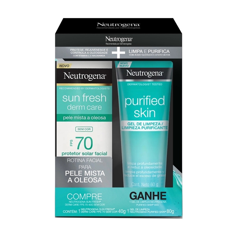 Kit Protetor Solar Neutrogena Sun Fresh Derm Care FPS 70 Sem Cor 40g + Gel de Limpeza Neutrogena Purified Skin 60g