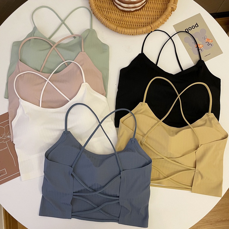 Roupa íntima cruzada de seda gelada sem costura com camisola com almofada no peito