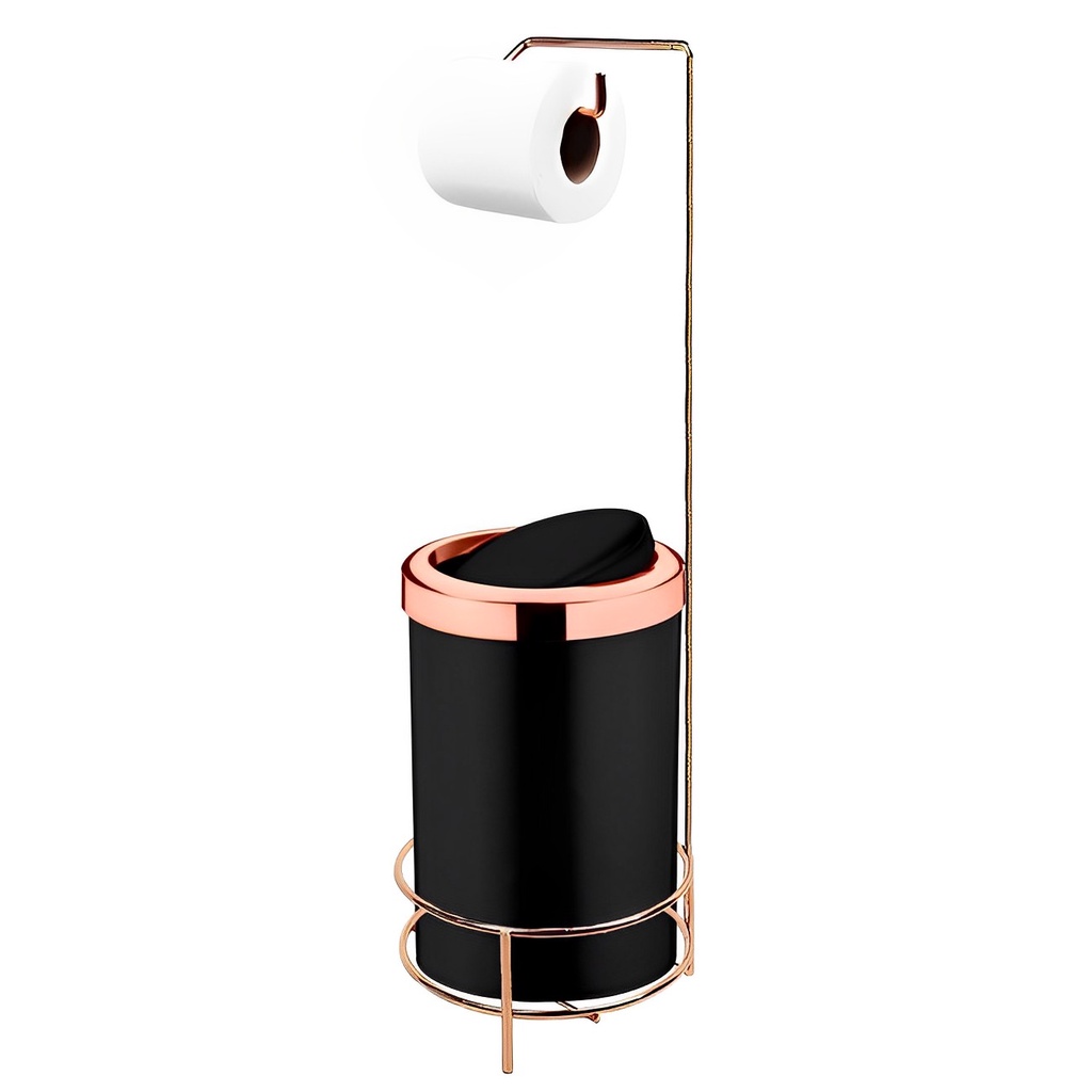 Kit Suporte Porta Papel Higiênico Com Lixeira 8L Cesto Lixo Tampa Basculante Banheiro Rose Gold Preto - Future