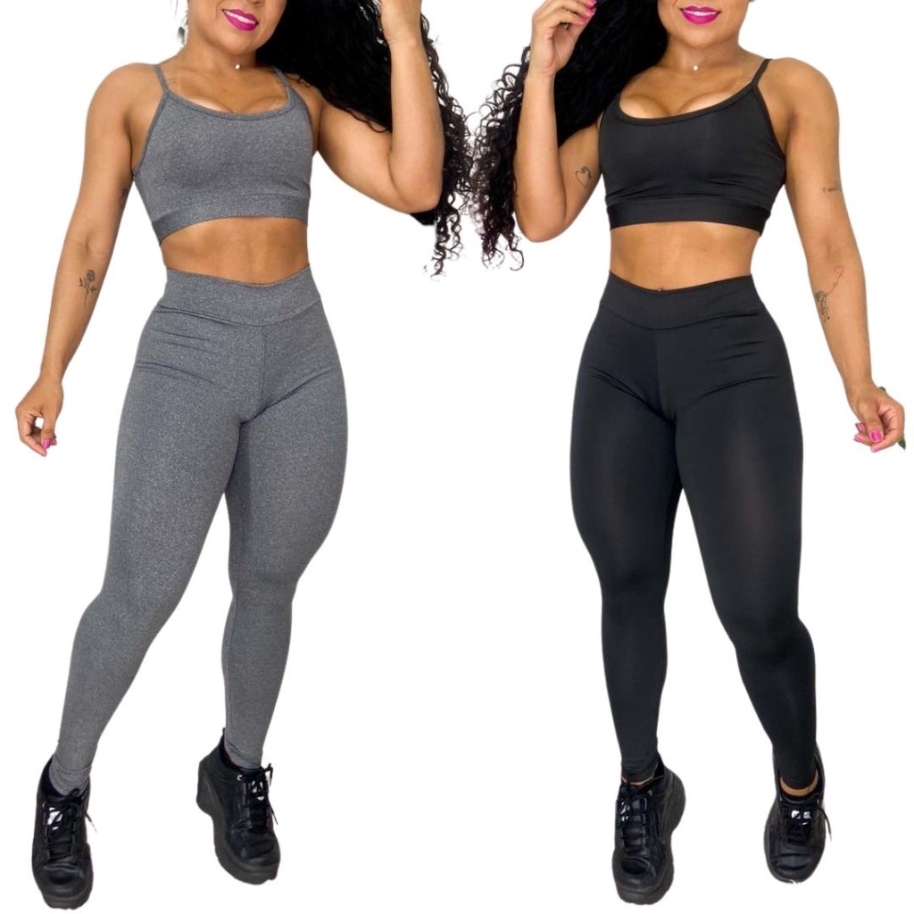 Conjunto Academia Liso preto ou cinza Calça Leg legging + Top Feminino Treino Suplex Aeróbica Ginastica Musculação Crossfit cintura alta