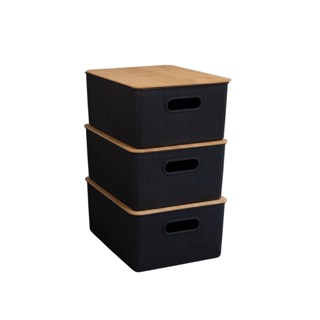 Kit Caixa organizadora canelada tampa bambu 16l preta Oikos