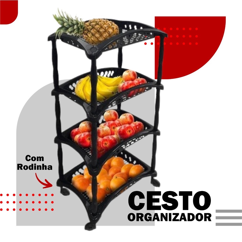 Fruteira Organizador Vertical Com Rodinhas 4 Cestos Andares