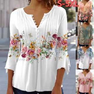 Camiseta Casual Moda Feminina Floral Tamanho Impressão Meia Manga V-Neck S-5XL
