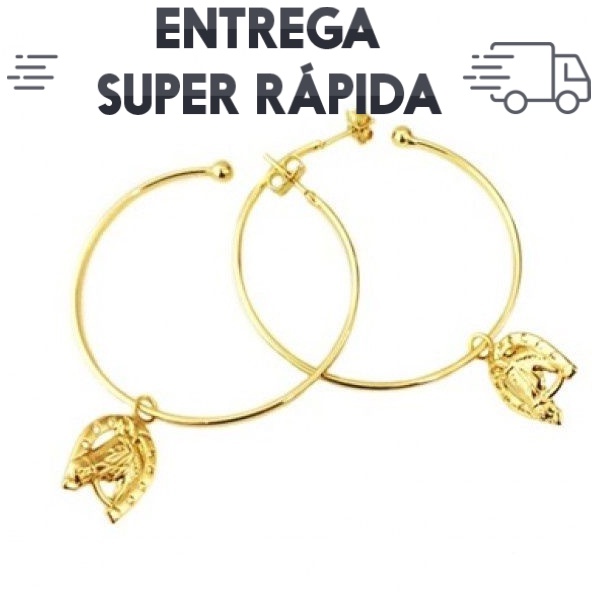 Brinco de Argola Com pingente Ferradura e Cavalo Promoção