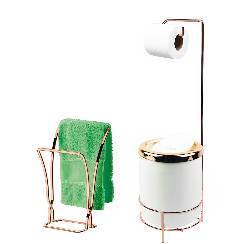 Kit Suporte Porta Papel Higiênico Lixeira 5L Tampa Basculante Redonda Toalheiro Duplo Branco Rose Gold Banheiro - AMZ