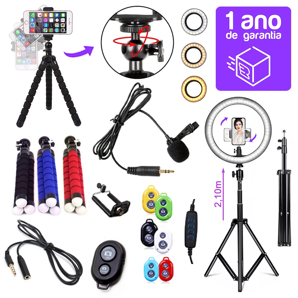 Ring Light 26cm Kit Youtuber Profissional Microfone de Mesa para gravações de Podcast e Lives