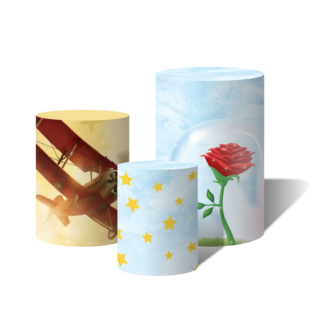 Trio de Capas Cilíndricas, Decoração de Festa, Tema Versátil Pequeno Principe Avião, Estrelinhas e Rosa Aquarela c/ Elástico