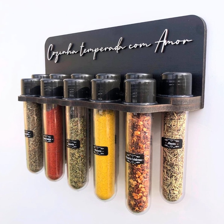 Porta Temperos em MDF com 11 Tubetes e Adesivos - Decoração e Organização para Cozinha