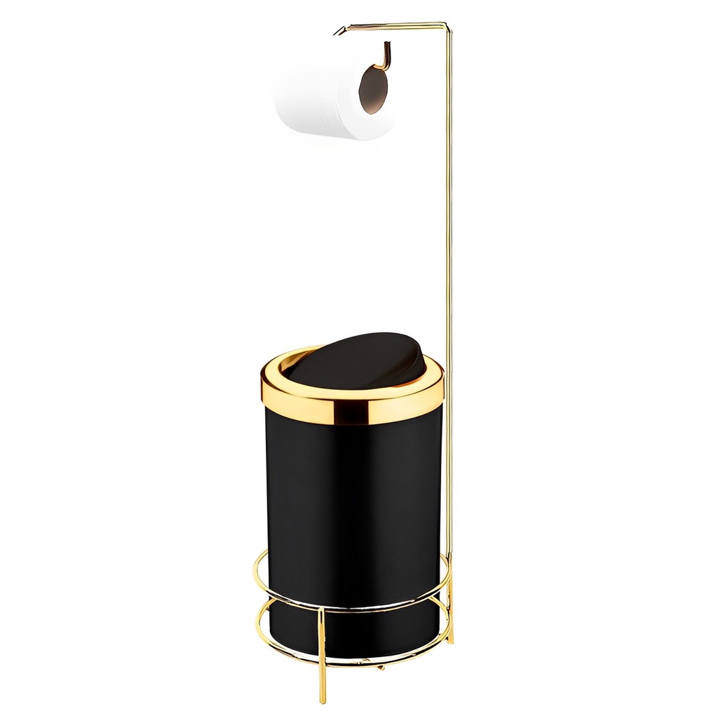 Kit Suporte Porta Papel Higiênico Com Lixeira 8L Cesto Lixo Tampa Basculante Banheiro Dourado Preto - Future