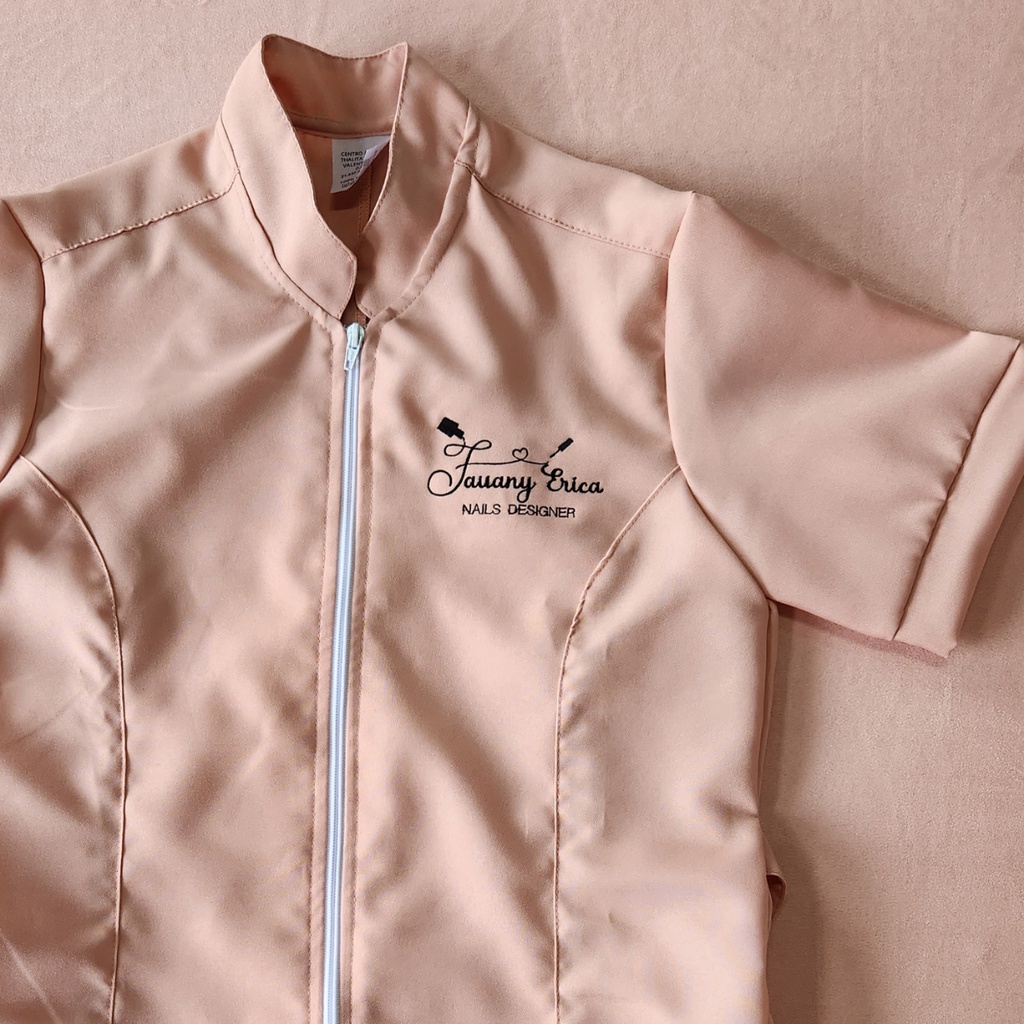 Jaleco Feminino Oxford Manga Curta Bordado Com Sua Logo Nome Salão de Beleza Esteticista Estudante